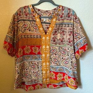 Johnny Was Mixed-Print Puff-Sleeve Effortless Blouse